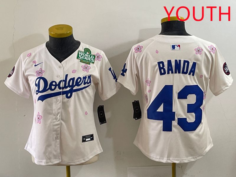 Youth Los Angeles Dodgers 43 Banda Cream Sakura Edition 2025 Nike MLB Jersey style 35